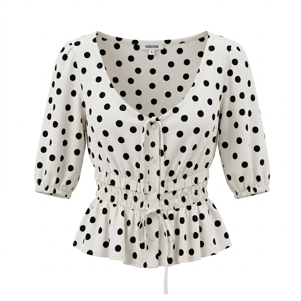 Vigoss Polka Dot Blouse S White Black Tie Front Smocked Waist Retro Cottagecore